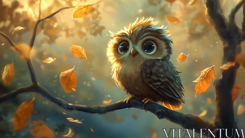 Adorable cartoon baby owl on autumn branch in whimsical light.