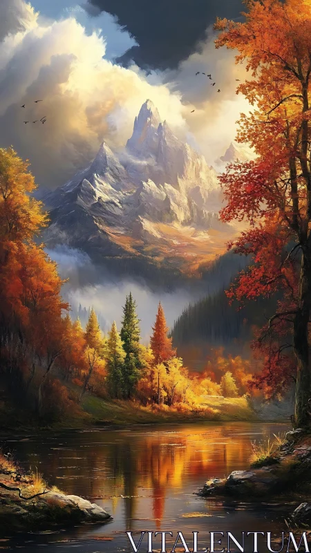 Towering mountain rises above bright autumn forest lake