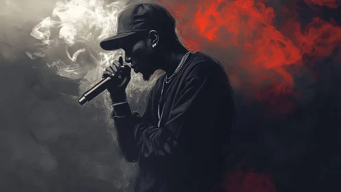 Silhouetted rapper holds microphone amid red and white smoke