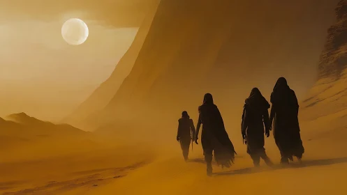 Moonlit wanderers cross the ember-gold desert hush.