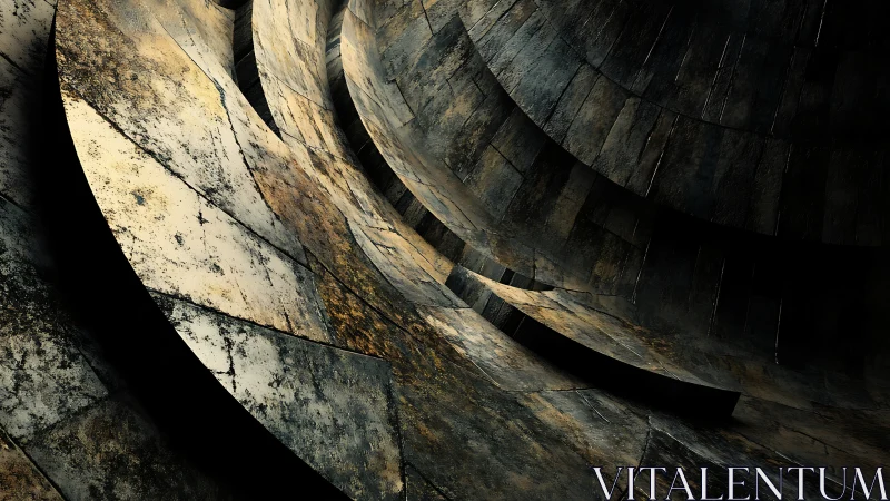 Curved metallic surfaces form layered, weathered segments