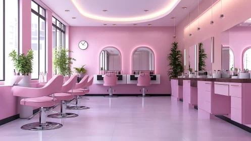 Pastel pink salon interior with glossy modern workstations.