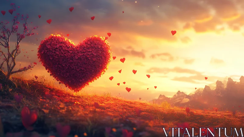 Red heart formed from thousands of smaller hearts floating in sunset landscape.