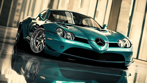 3D-rendered teal supercar in reflective architectural studio.