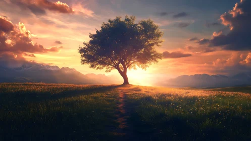 Lone tree at sunset in scenic field, digital art landscape style.