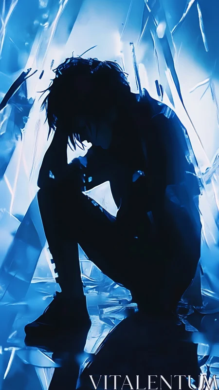 Digital painting silhouette in fractured neon blue chamber.