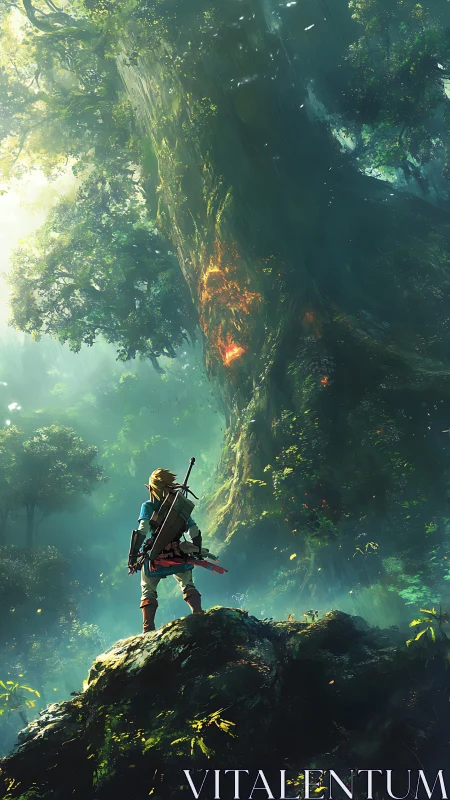 Sword-carrying adventurer surveys dense, towering forest scene