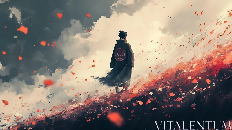 Lone cloaked wanderer climbs a burning twilight hillside.