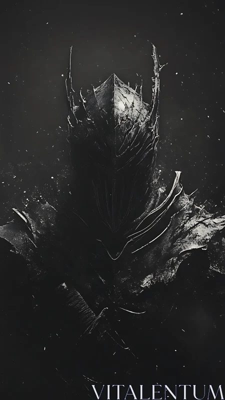 Midnight warlord rising from splintered shadowed armor.