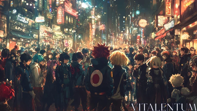 Crowded anime street scene with neon lights at night.