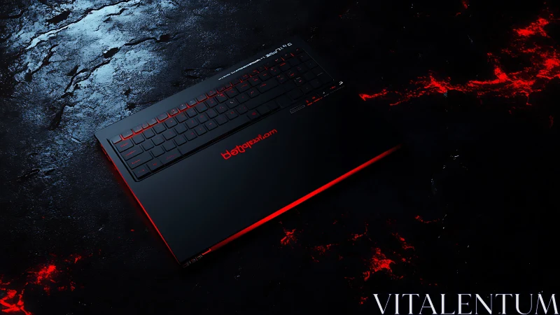 Midnight gaming laptop hovers above lava-lit obsidian floor.