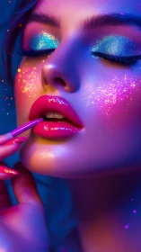 Neon glam close-up renders iridescent makeup and glossy lips