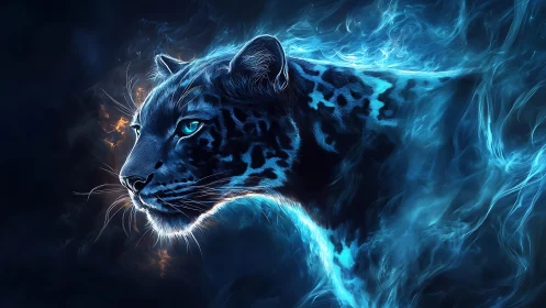 Blue Fire Leopard. Ethereal Energy Beast Portrait.