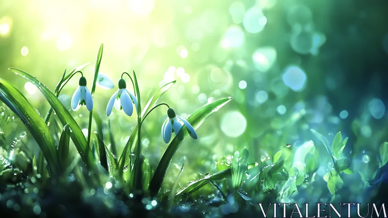 Gentle snowdrops glowing in dreamy morning garden light.