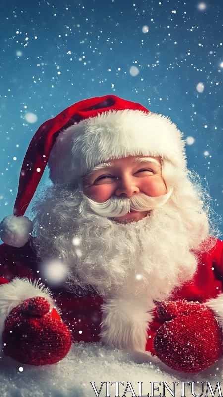 Smiling Santa Claus glows warmly in a snowy winter night