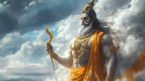 Storm-cloaked sky warrior strides through sculpted clouds