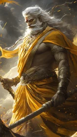 Storm-lit warrior sage strides forward in burning golden robes