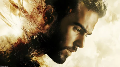 Brooding male portrait dissolves into warm abstract smoke