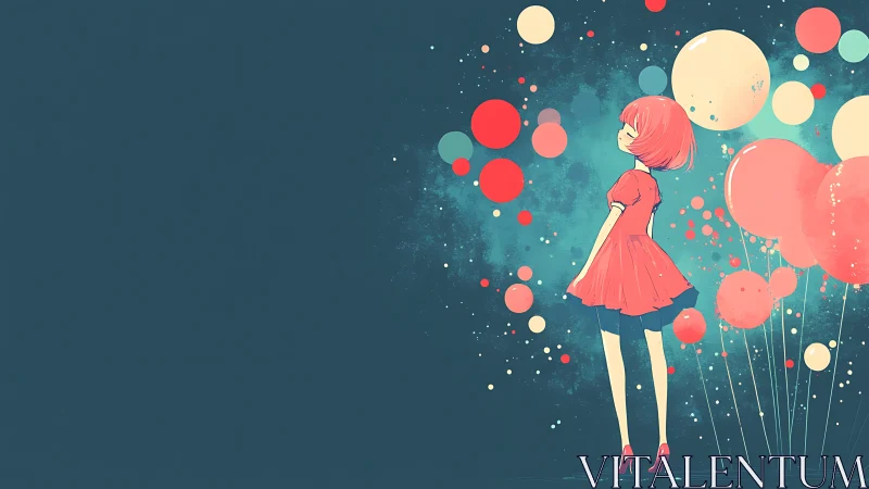 Dreamy red-haired girl drifting among gentle balloons.