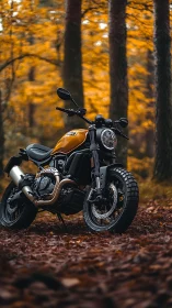 Retro-styled scrambler motorcycle in vivid autumn forest scene.