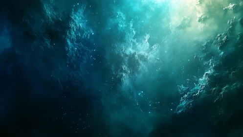 Celestial teal nebula clouds with radiant cosmic highlights.