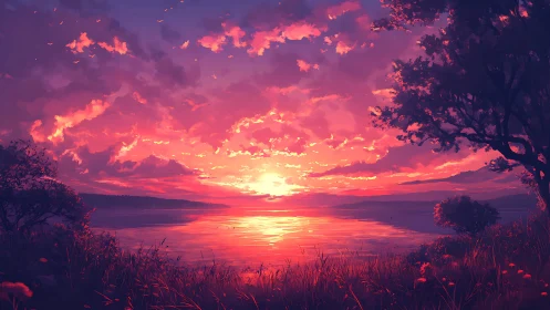 Gentle lakeside sunset glowing in soft pink and gold light.