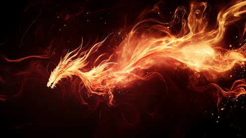 Fiery dragon-shaped flame form on dark background surface.