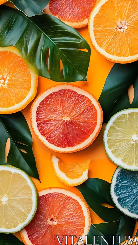 Juicy citrus slices and lush green leaves in sunny harmony.