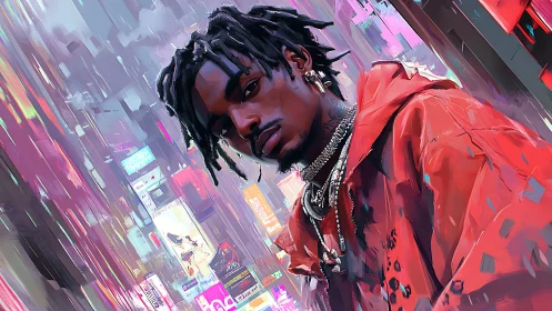 City lights frame a confident man in bold red style