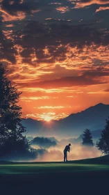 Sunrise golfer finds calm focus on a misty mountain green.