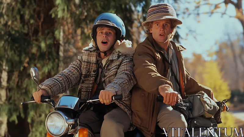 Two surprised riders share vintage scooter on forest road.