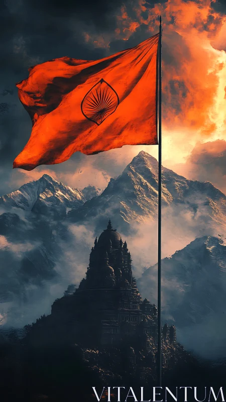 Orange flag with emblem rises over dark mountain temple scene
