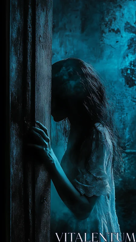 Backlit spectral figure presses against decayed wooden doorway