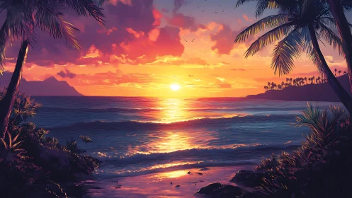 Tropical coastline sunset with palm silhouettes and glowing surf.