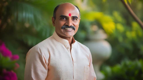 Smiling Indian man in peach kurta, soft garden bokeh portrait.