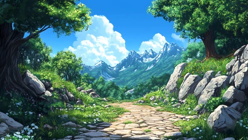 Mountain path winds through lush forest beneath bright sky.