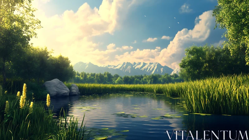 Mountain lake reflects vivid reeds and glowing sky.