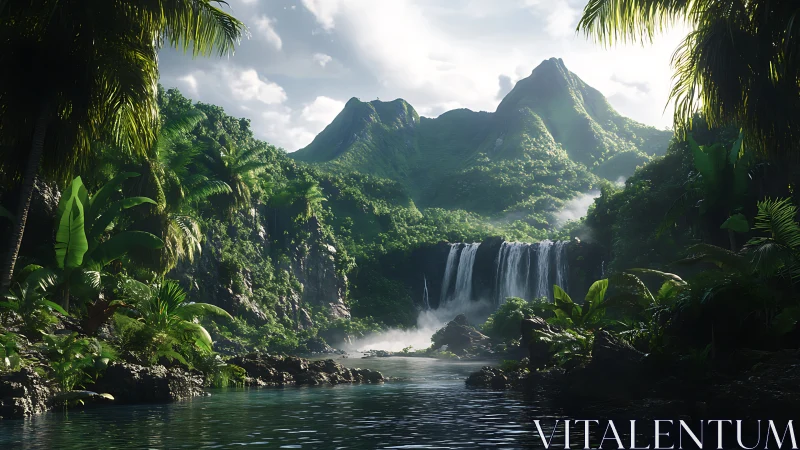 Tropical Waterfall Paradise Nestled Between Lush Mountains