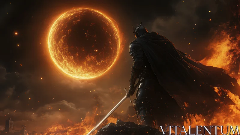 Blade-lit sentinel under an apocalyptic molten sun.