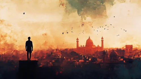 Solitary dreamer quietly overlooks a glowing sunset city