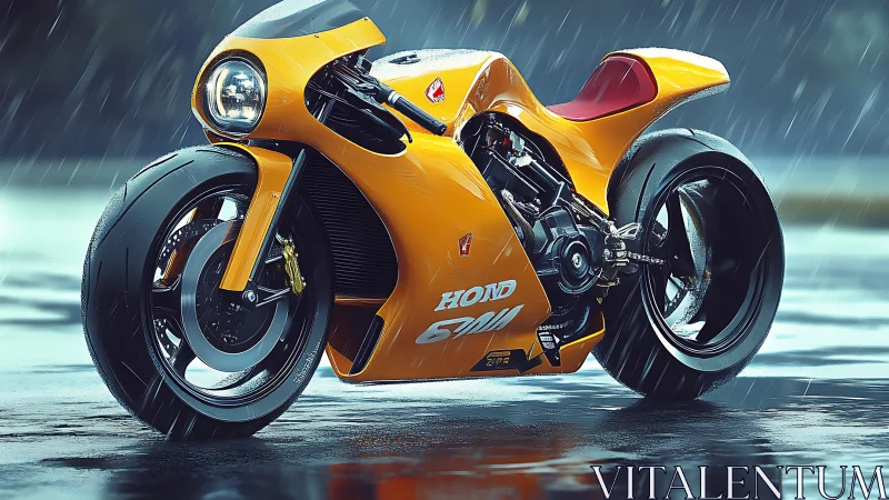 Yellow futuristic racing motorcycle stands in heavy rain