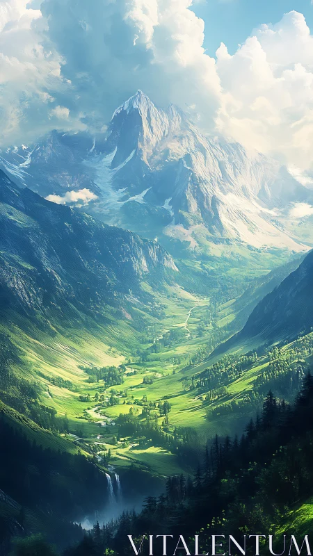 Sunlit alpine valley beneath towering snowlit peak.