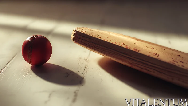 Cricket ball and worn bat rest in soft directional light