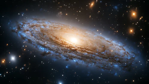 Edge-on spiral galaxy rendered with luminous stellar gradients
