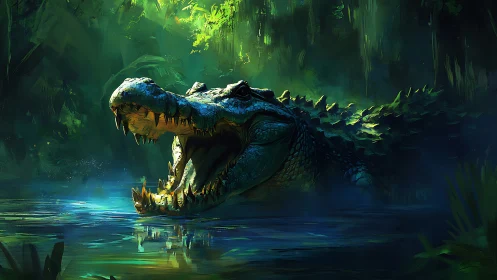Predatory crocodile emerges from luminous jungle lagoon at dusk