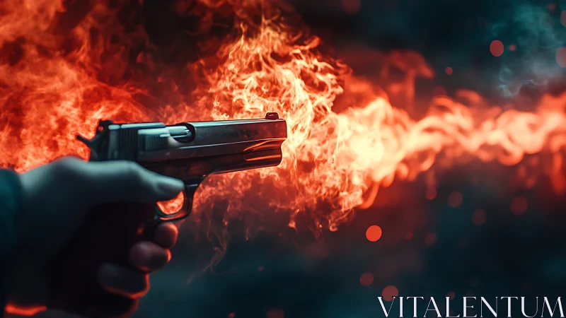 Semi-Automatic Handgun with Muzzle Flash Explosion and Teal Bokeh.