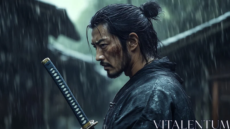 Rain-soaked samurai profile with katana under cinematic downpour.