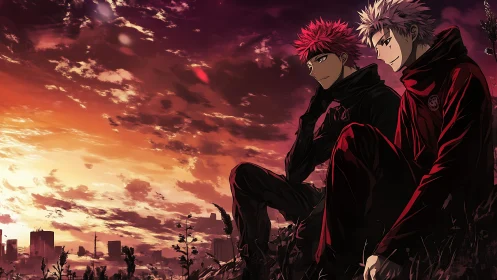 Two anime characters sit on hillside overlooking sunset city
