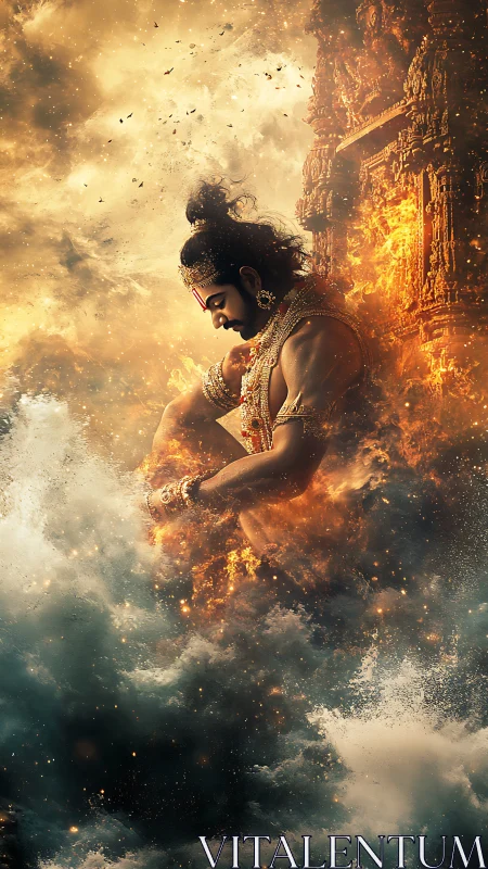 Mythic armored figure amid clouds, fire, and stone relief.