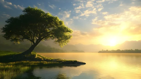 Solitary lakeside tree rendered in luminous sunrise lighting
